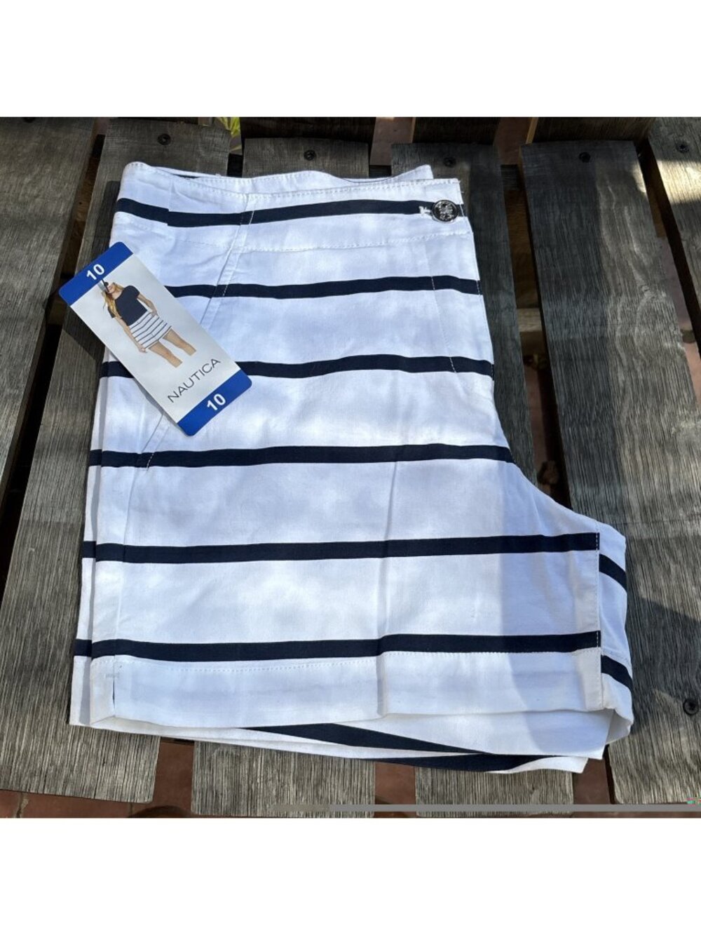 Nautica Chino Shorts Womens 10 White Navy Blue Stretch Twill 5" Inseam
